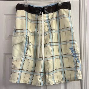 Kirra Men’s Board Shorts Yellow Checkered Pattern Brown Border Drawstring 34